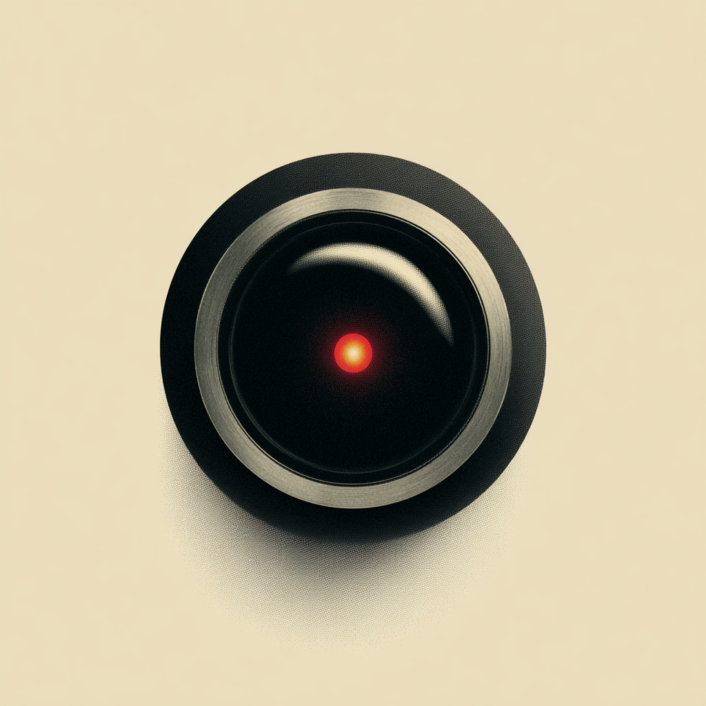 Retro screen-print of a dark machine eye with a single glowing red core, staring at the viewer